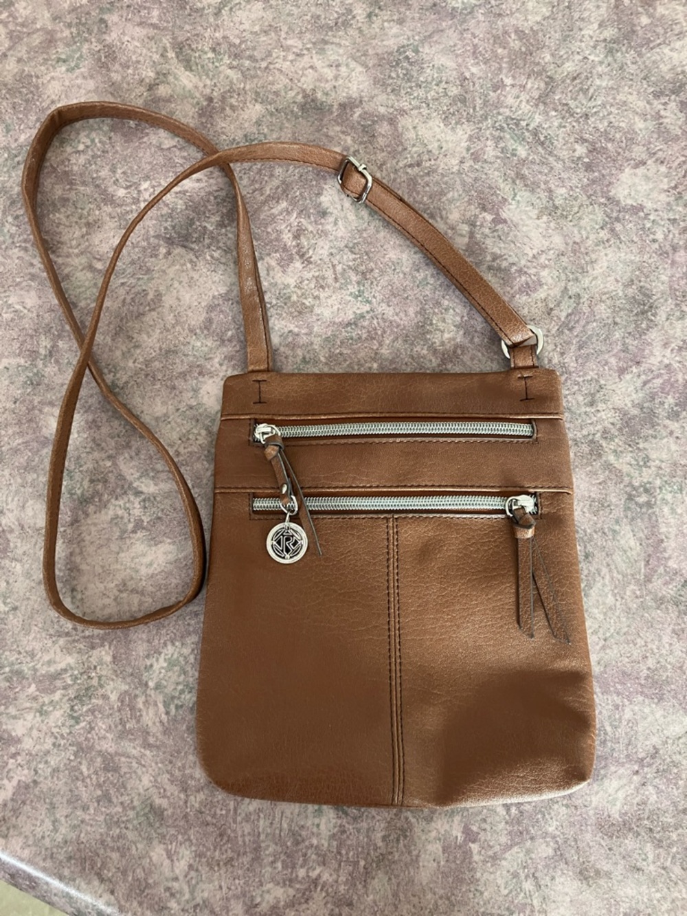 Relic Brown Leather Crossbody Bag with Silver Zippers